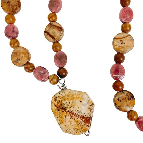 VTG Gemstone Rhodonite Picture Jasper Boho Artisan Necklace Statement Pendant - Picture 1 of 15